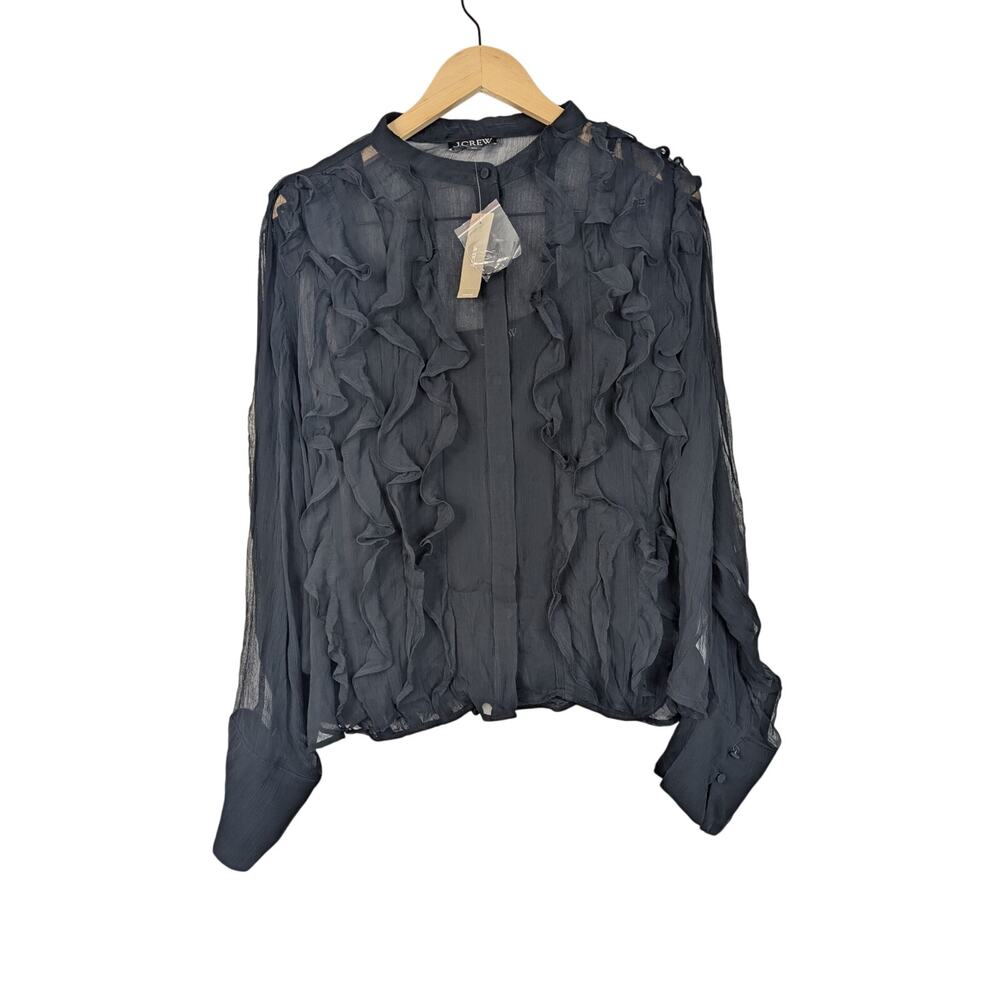 NWT J. Crew Black Crinkle Cupro Ruffle Button Front Blouse
